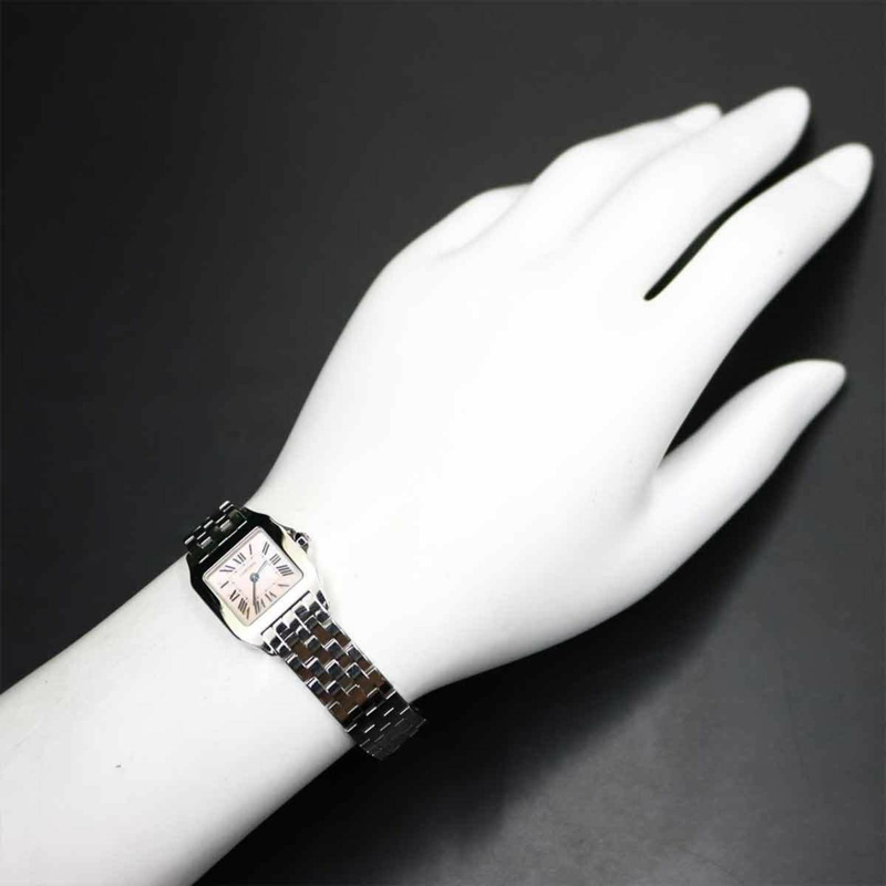 卡地亞 Santos Demoiselle SM W25075Z5 女士粉紅貝殼石英腕錶-4