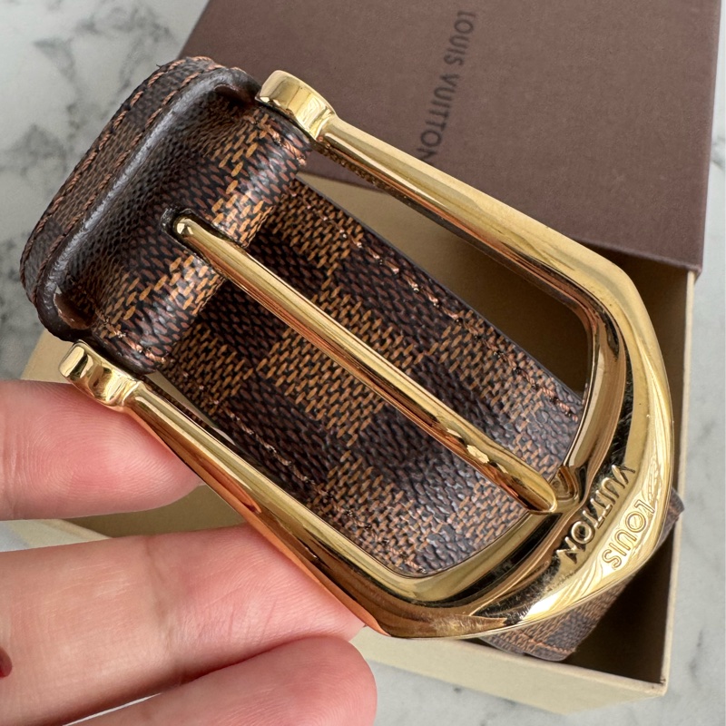 LV棋盤格金釦皮帶85cm-1