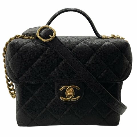 CHANEL 香奈兒 鍊條箱型包 荔枝牛皮 黑色 金釦