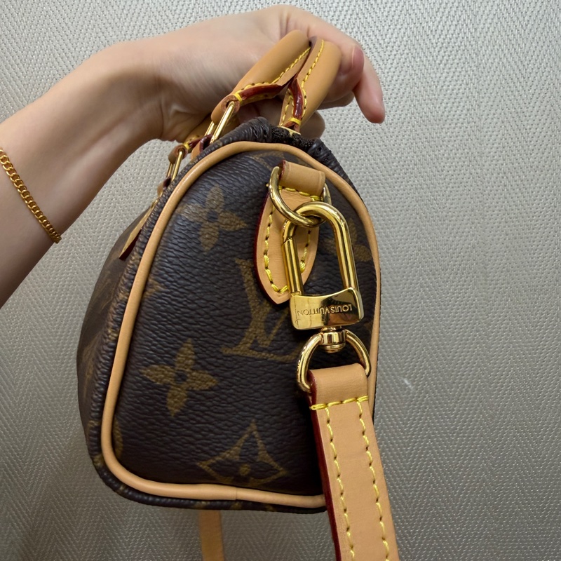 LV 原花金釦nano speedy 手提斜背波士頓包M81058-2