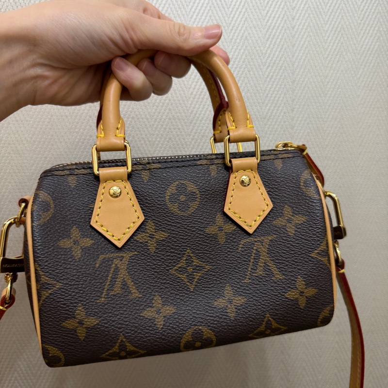LV 原花金釦nano speedy 手提斜背波士頓包M81058-4