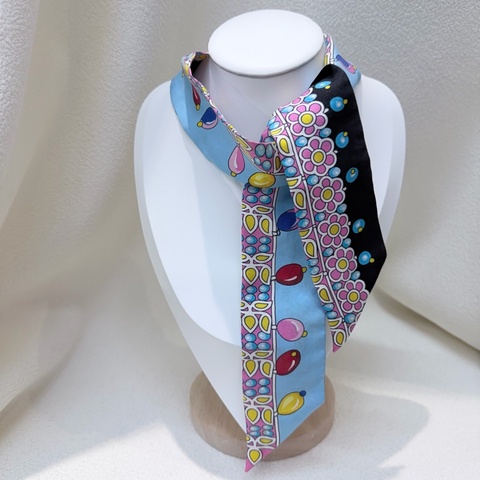 Hermes Twilly 彩色燈泡花朵雙面藍黑拼色絲巾 XB875