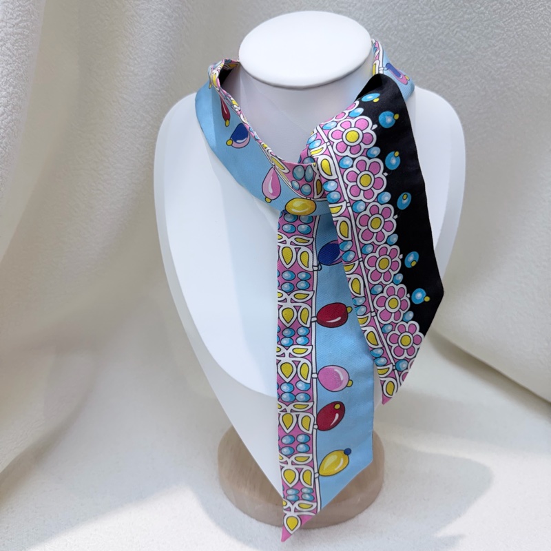 Hermes Twilly 彩色燈泡花朵雙面藍黑拼色絲巾 XB875-0