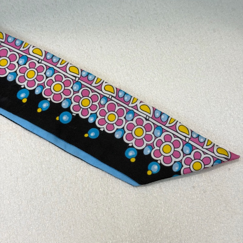 Hermes Twilly 彩色燈泡花朵雙面藍黑拼色絲巾 XB875-9