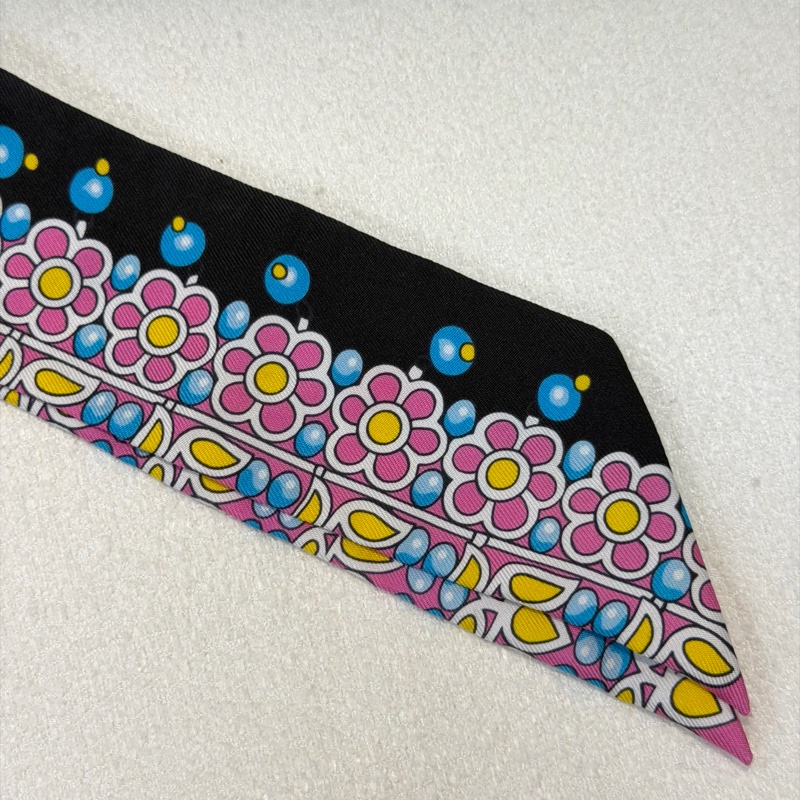 Hermes Twilly 彩色燈泡花朵雙面藍黑拼色絲巾 XB875-12