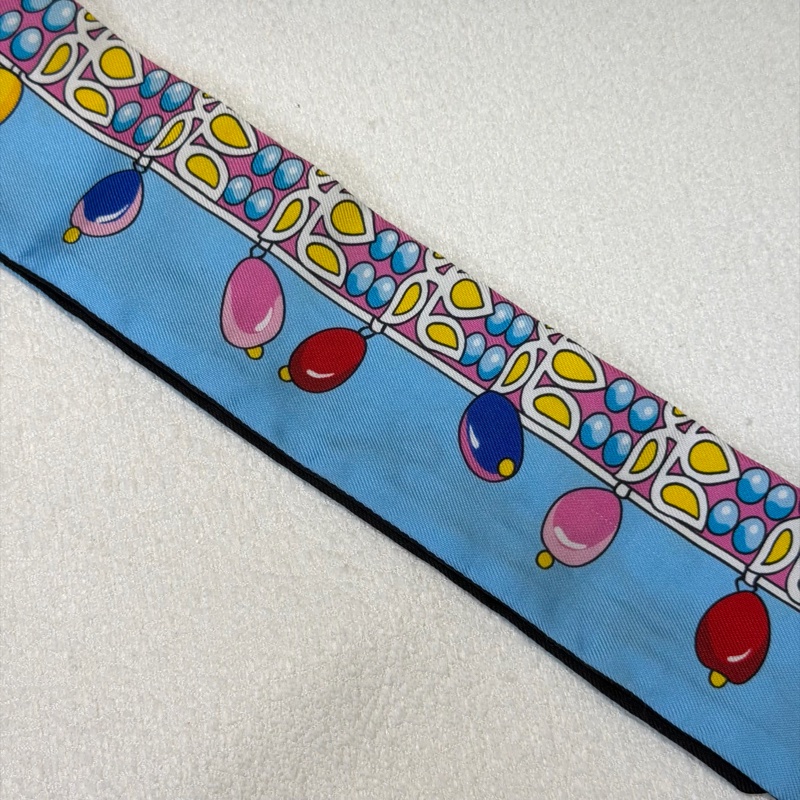 Hermes Twilly 彩色燈泡花朵雙面藍黑拼色絲巾 XB875-19