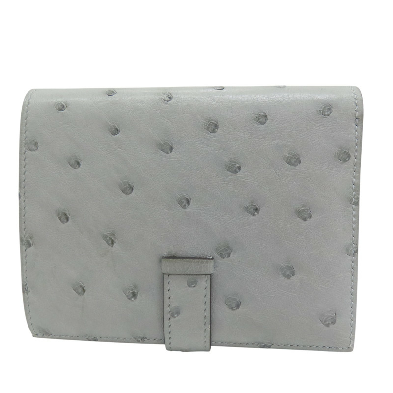 冰川藍 鴕鳥皮 Bearn 短夾 B刻 金扣【HERMES 愛馬仕】 B刻/PM/004/MK-1