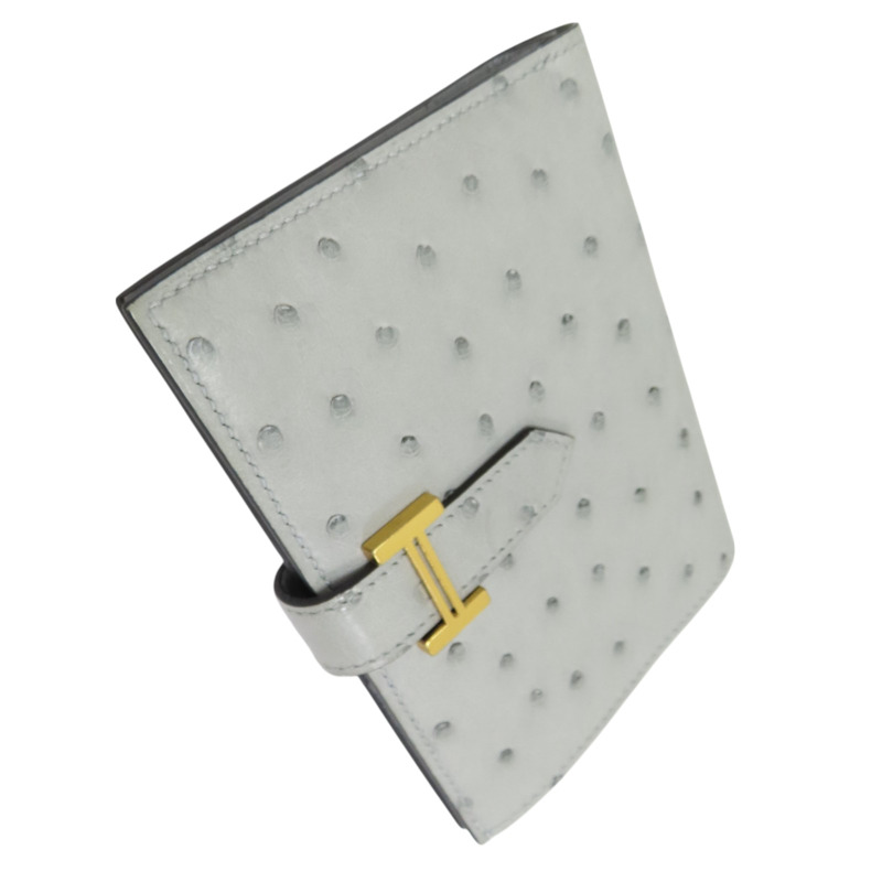 冰川藍 鴕鳥皮 Bearn 短夾 B刻 金扣【HERMES 愛馬仕】 B刻/PM/004/MK-2