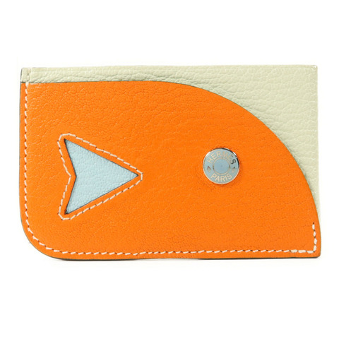 HERMES Chevre皮革Poisson卡片套Orange Poppy/Aqua