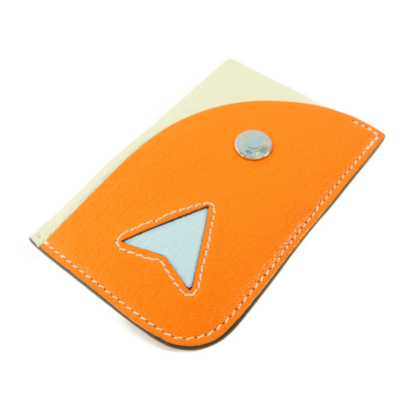 HERMES Chevre皮革Poisson卡片套Orange Poppy/Aqua-2