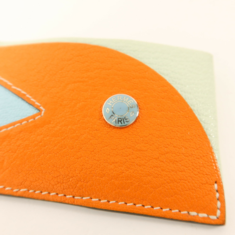 HERMES Chevre皮革Poisson卡片套Orange Poppy/Aqua-7