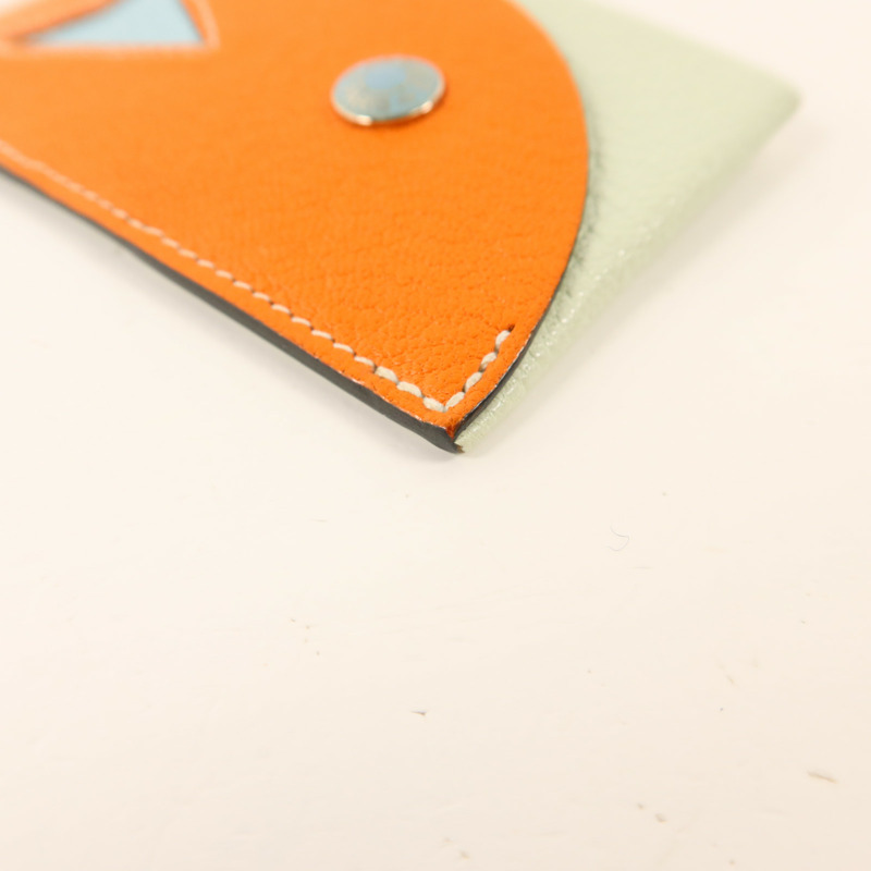 HERMES Chevre皮革Poisson卡片套Orange Poppy/Aqua-8