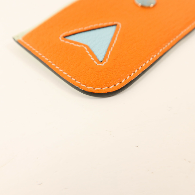 HERMES Chevre皮革Poisson卡片套Orange Poppy/Aqua-9