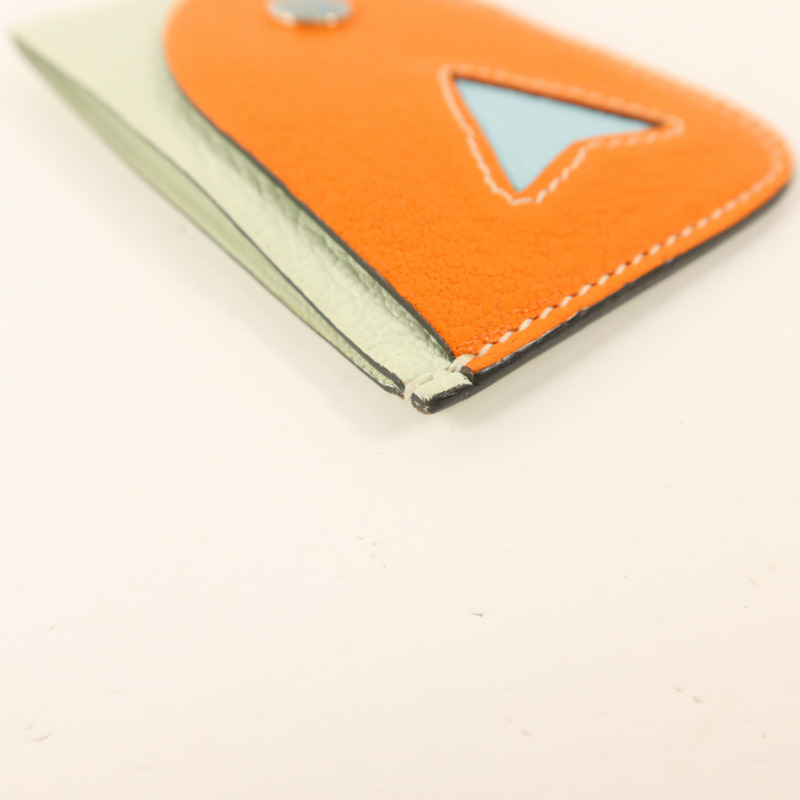 HERMES Chevre皮革Poisson卡片套Orange Poppy/Aqua-11