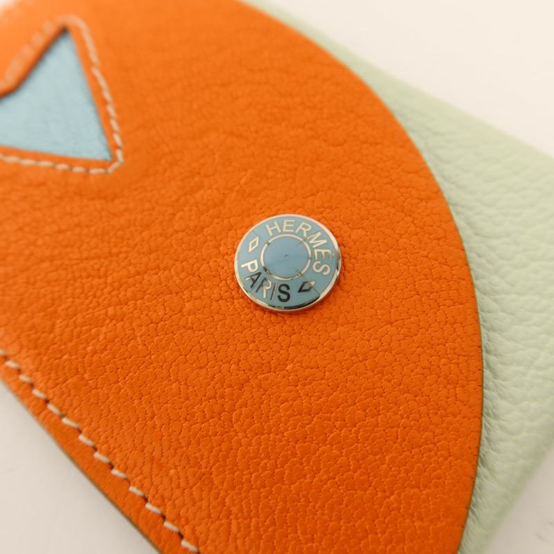 HERMES Chevre皮革Poisson卡片套Orange Poppy/Aqua-14