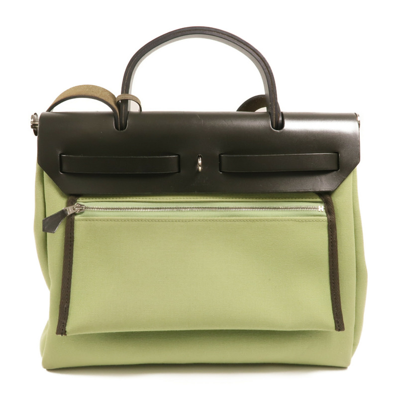 HERMES 帆布Herbag PM銀扣手挽肩背兩用袋Vert Criquet-1
