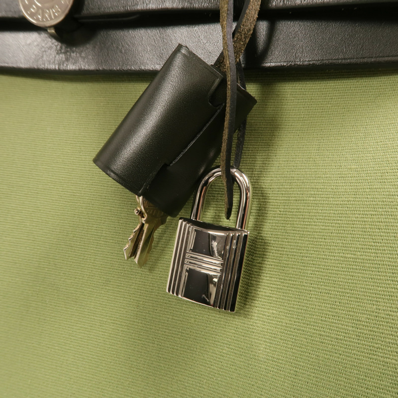 HERMES 帆布Herbag PM銀扣手挽肩背兩用袋Vert Criquet-7