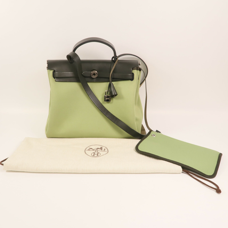 HERMES 帆布Herbag PM銀扣手挽肩背兩用袋Vert Criquet-10