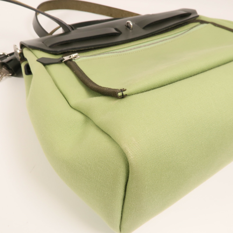 HERMES 帆布Herbag PM銀扣手挽肩背兩用袋Vert Criquet-14
