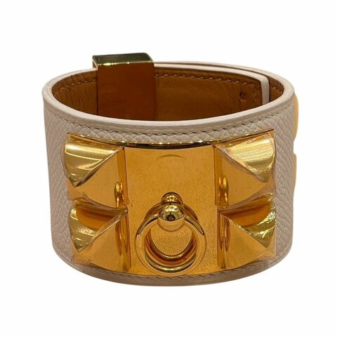 HERMES 愛馬仕 COLLIER DE CHIEN CDC 寬版手環 EPSOM皮 S號 奶昔白 金釦