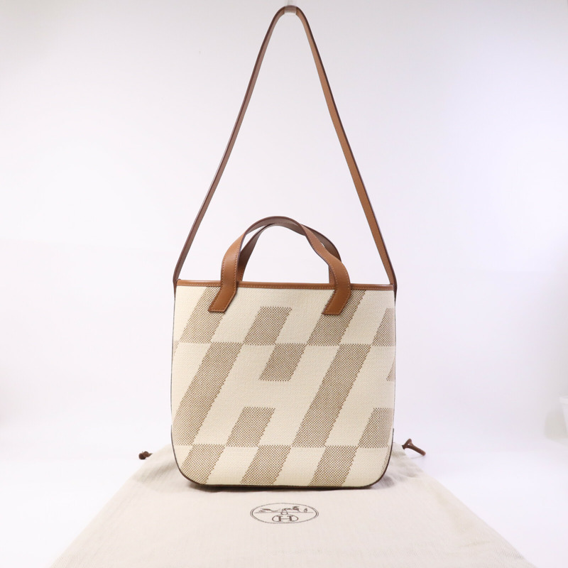 HERMES 帆布Cabas H En Biais 27手挽肩背兩用袋Gold-7