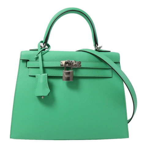HERMES 【Hermes Fair】Epsom皮革Kelly 25銀扣手挽肩背兩用袋Vert Comics