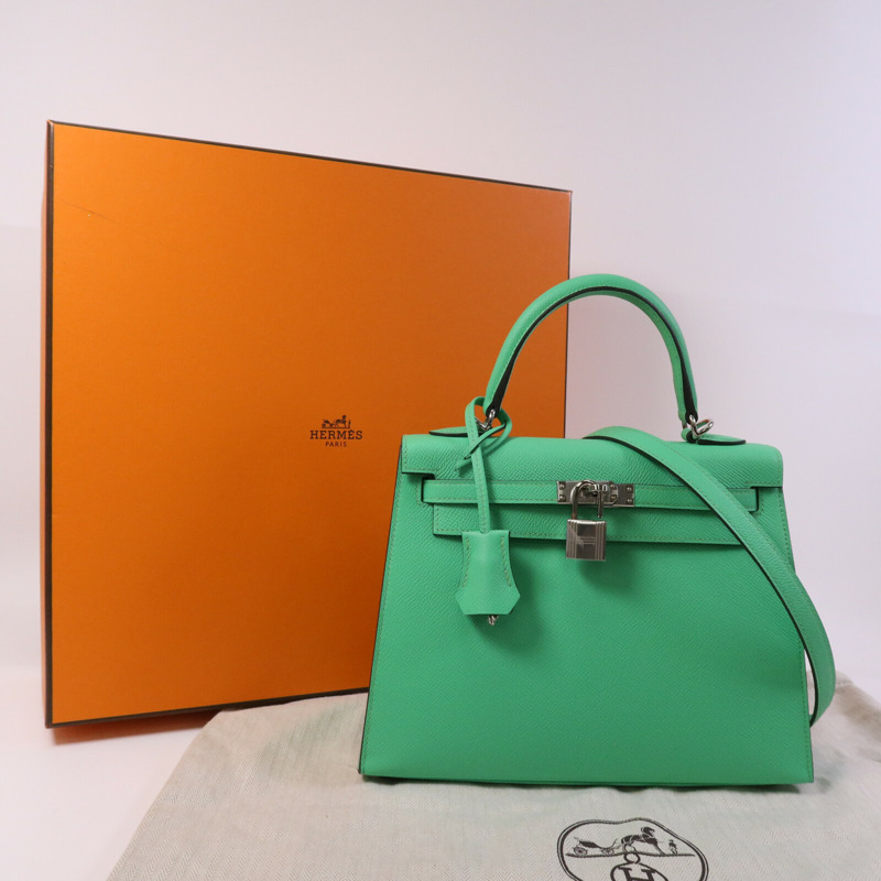 HERMES Epsom皮革Kelly 25銀扣手挽肩背兩用袋Vert Comics-8