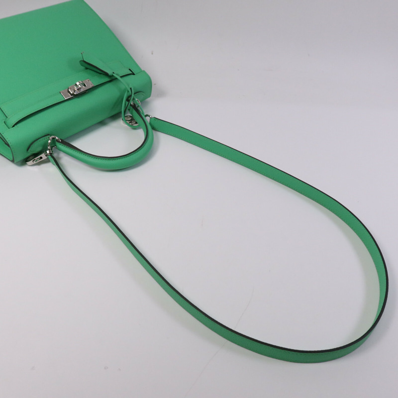 HERMES Epsom皮革Kelly 25銀扣手挽肩背兩用袋Vert Comics-9