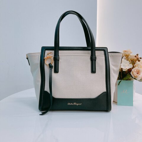 MS0572 Salvatore Ferragamo 菲拉格慕 手提 小包 帆布 輕身 拼牛皮 米色 黑色 Amy Tote Shoulder Bag Canvas Beige x GHW