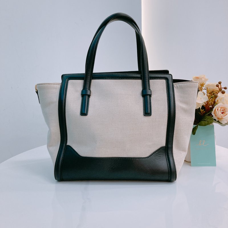 MS0572 Salvatore Ferragamo 菲拉格慕 手提 小包 帆布 輕身 拼牛皮 米色 黑色 Amy Tote Shoulder Bag Canvas Beige x GHW-1