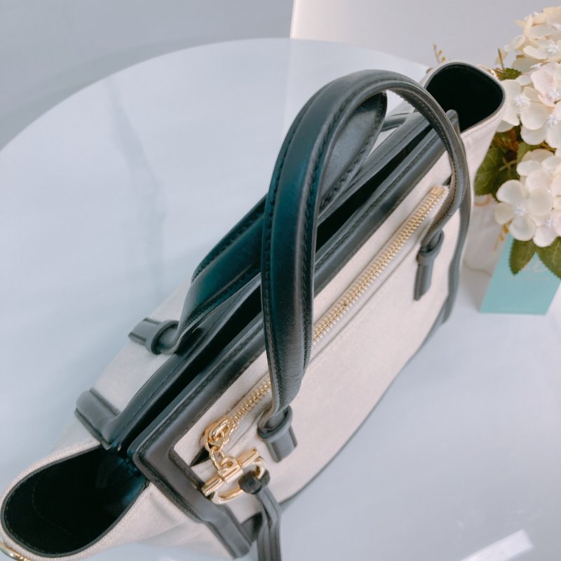 MS0572 Salvatore Ferragamo 菲拉格慕 手提 小包 帆布 輕身 拼牛皮 米色 黑色 Amy Tote Shoulder Bag Canvas Beige x GHW-9