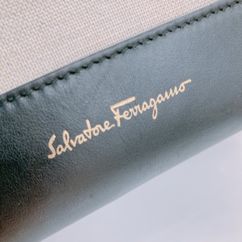 MS0572 Salvatore Ferragamo 菲拉格慕 手提 小包 帆布 輕身 拼牛皮 米色 黑色 Amy Tote Shoulder Bag Canvas Beige x GHW-10