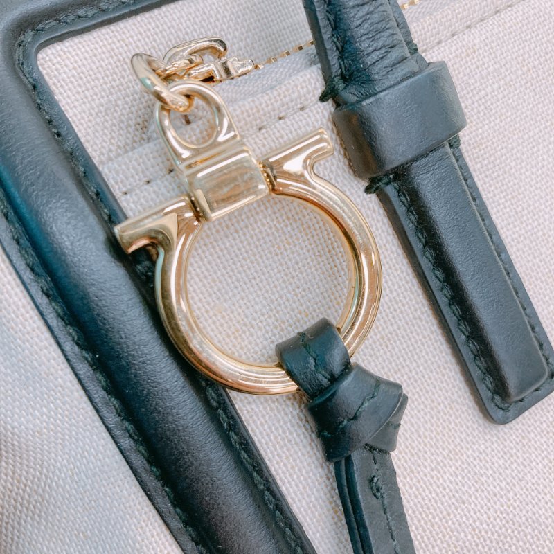 MS0572 Salvatore Ferragamo 菲拉格慕 手提 小包 帆布 輕身 拼牛皮 米色 黑色 Amy Tote Shoulder Bag Canvas Beige x GHW-11