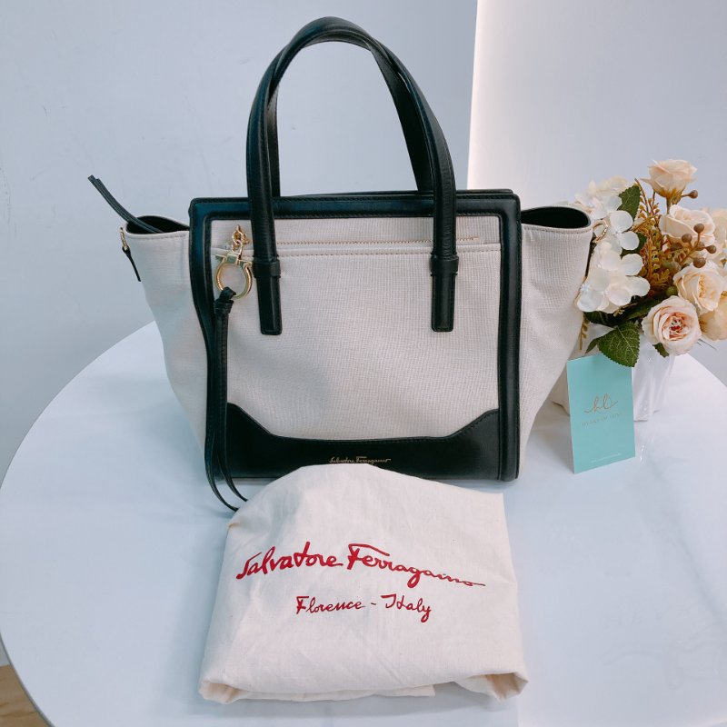 MS0572 Salvatore Ferragamo 菲拉格慕 手提 小包 帆布 輕身 拼牛皮 米色 黑色 Amy Tote Shoulder Bag Canvas Beige x GHW-18