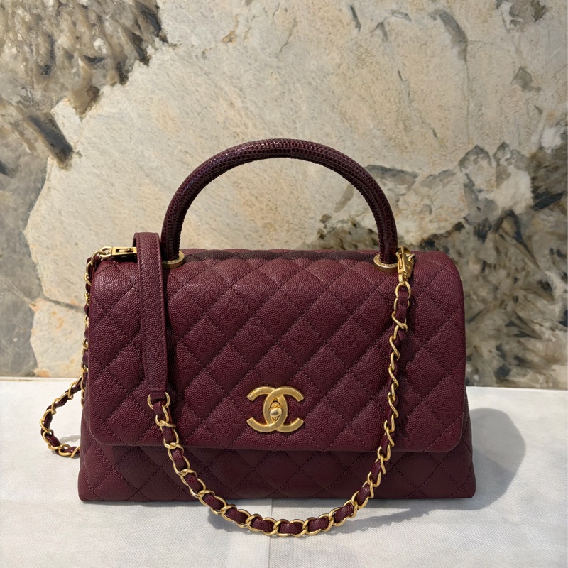 Chanel酒紅荔枝蜥蜴皮把霧金 COCO HANDLE-28-0