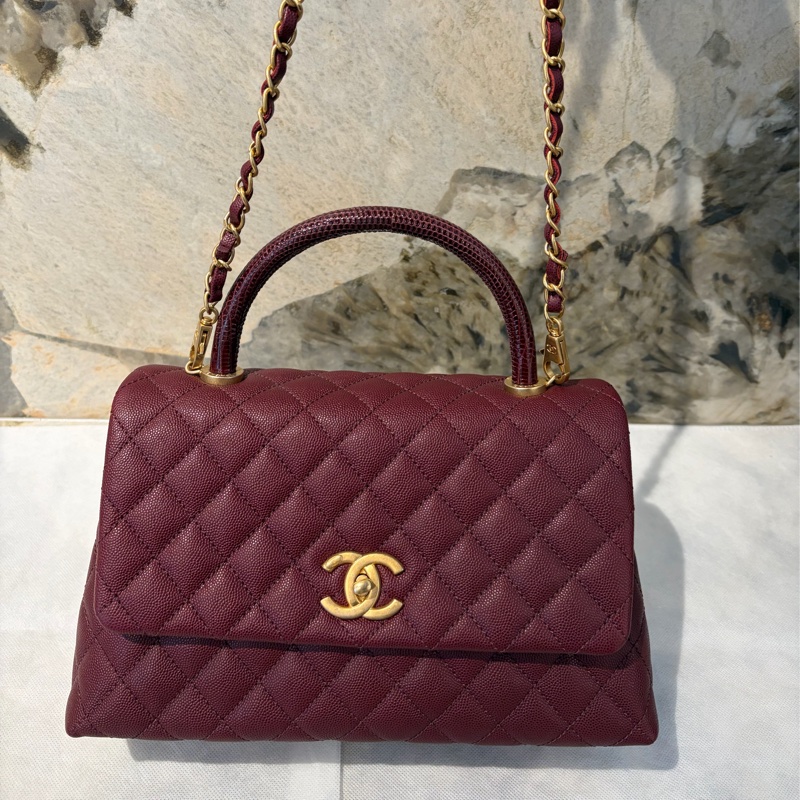 Chanel酒紅荔枝蜥蜴皮把霧金 COCO HANDLE-28-1