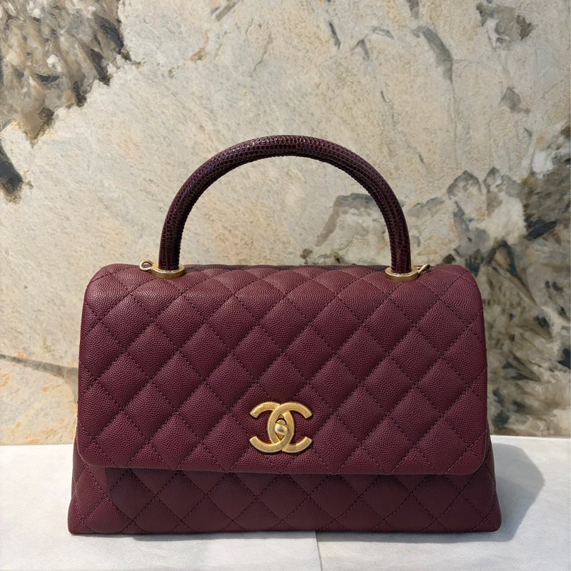Chanel酒紅荔枝蜥蜴皮把霧金 COCO HANDLE-28-2