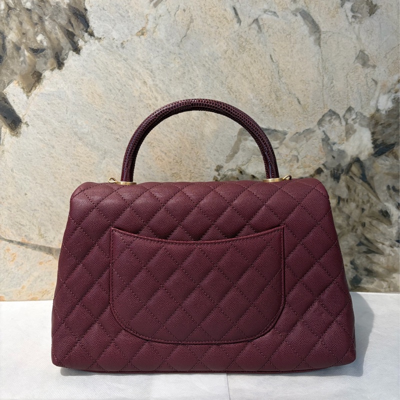 Chanel酒紅荔枝蜥蜴皮把霧金 COCO HANDLE-28-3