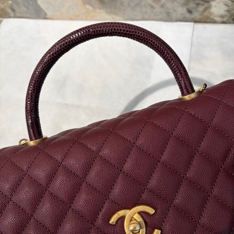 Chanel酒紅荔枝蜥蜴皮把霧金 COCO HANDLE-28-9