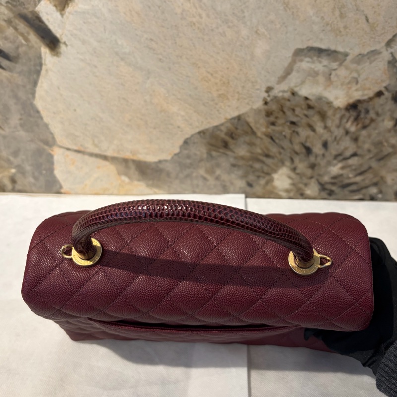 Chanel酒紅荔枝蜥蜴皮把霧金 COCO HANDLE-28-12