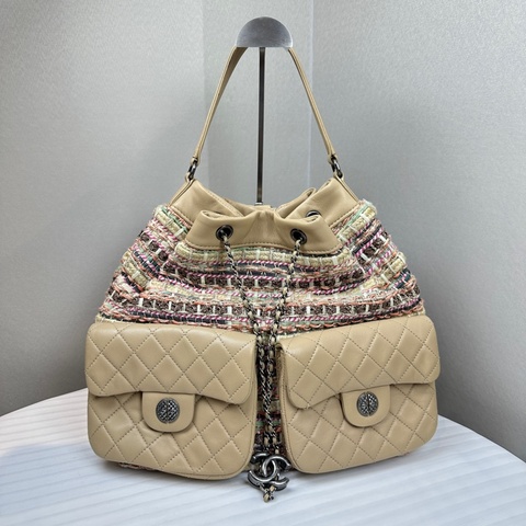 香奈兒/Chanel 粗花呢奶茶色羊皮銀扣 流浪雙肩包後背包