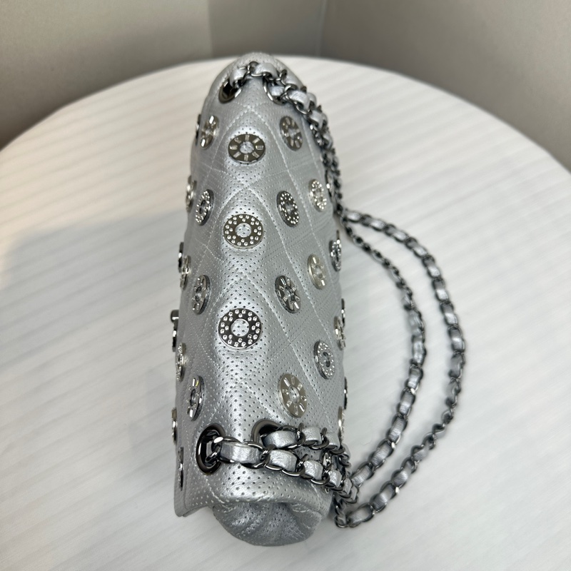 香奈兒/Chanel 限量版銀色cf 銀扣鏤空皮革-4