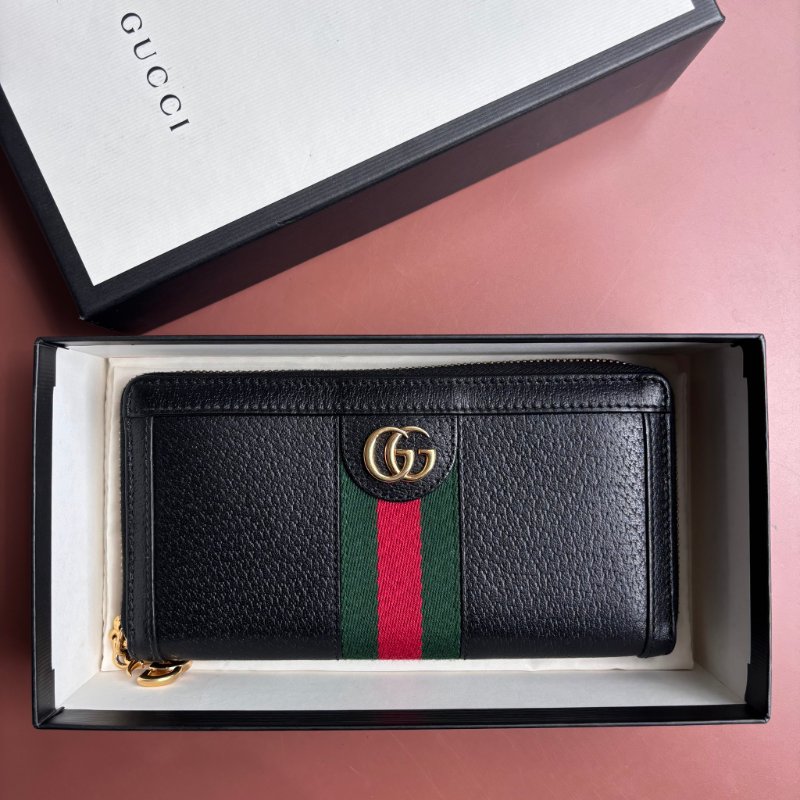 ::GUCCI:: 523154 黑色皮革紅綠織帶ㄇ型拉鍊長夾-0