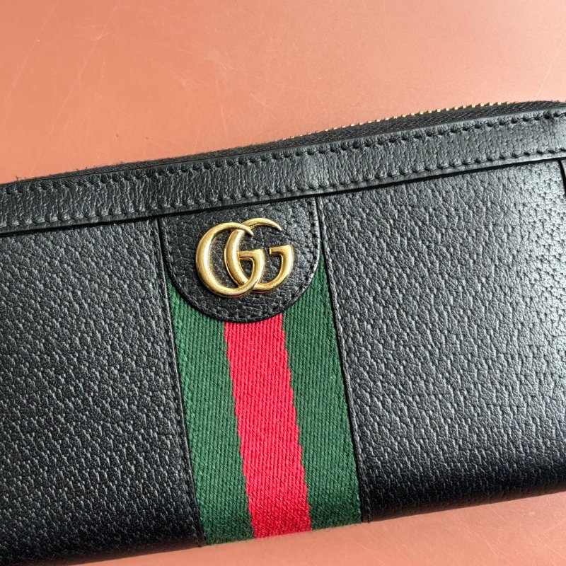 ::GUCCI:: 523154 黑色皮革紅綠織帶ㄇ型拉鍊長夾-2