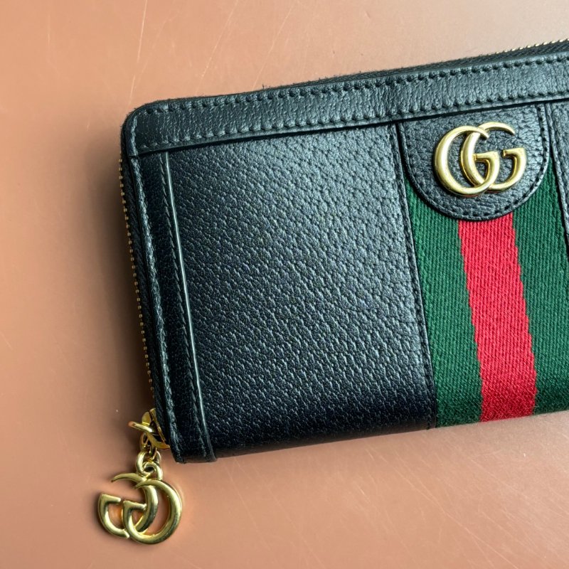 ::GUCCI:: 523154 黑色皮革紅綠織帶ㄇ型拉鍊長夾-4