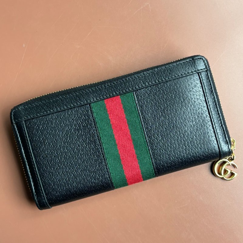 ::GUCCI:: 523154 黑色皮革紅綠織帶ㄇ型拉鍊長夾-5