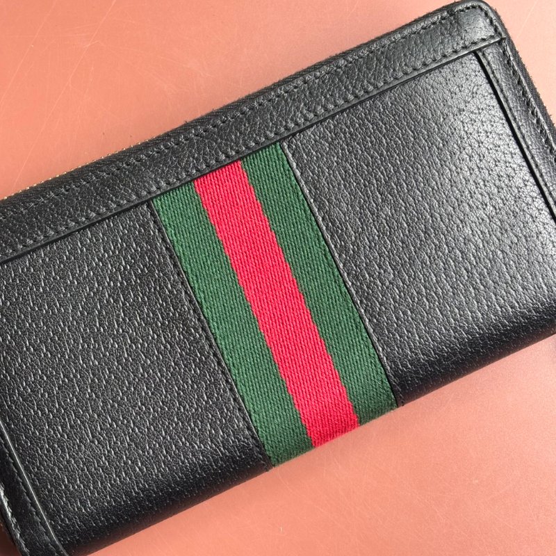 ::GUCCI:: 523154 黑色皮革紅綠織帶ㄇ型拉鍊長夾-7