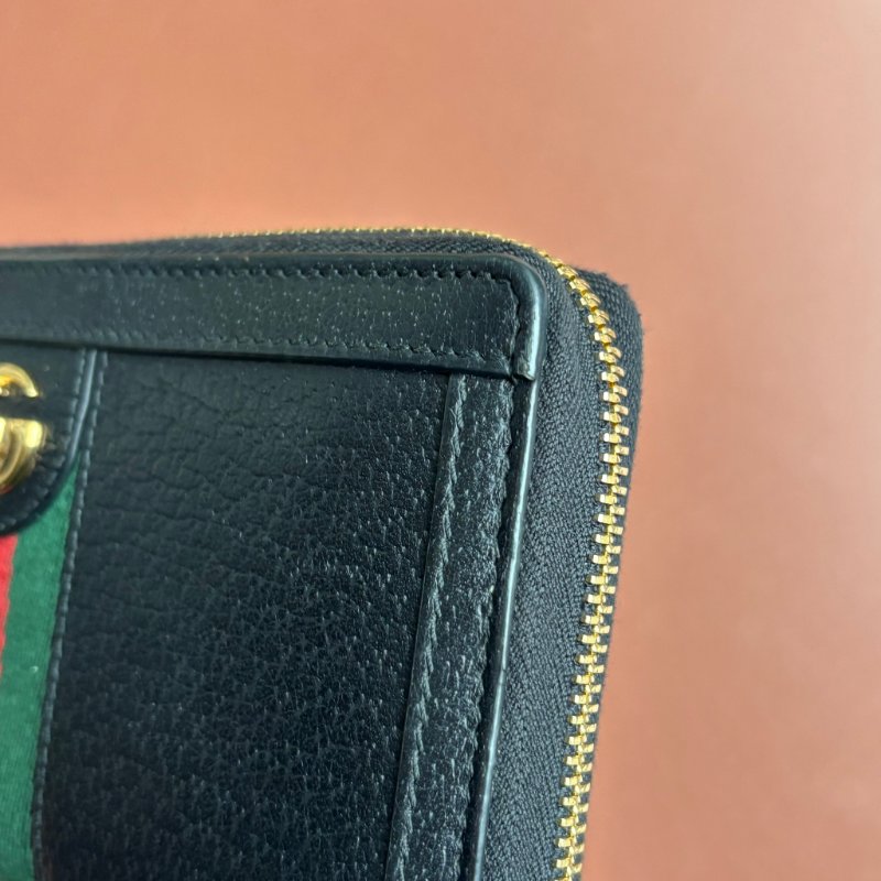 ::GUCCI:: 523154 黑色皮革紅綠織帶ㄇ型拉鍊長夾-13