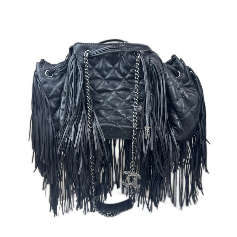 香奈兒/Chanel 達拉斯系列 銀扣黑色菱格紋牛皮 流蘇裝飾鏈條單肩包-0
