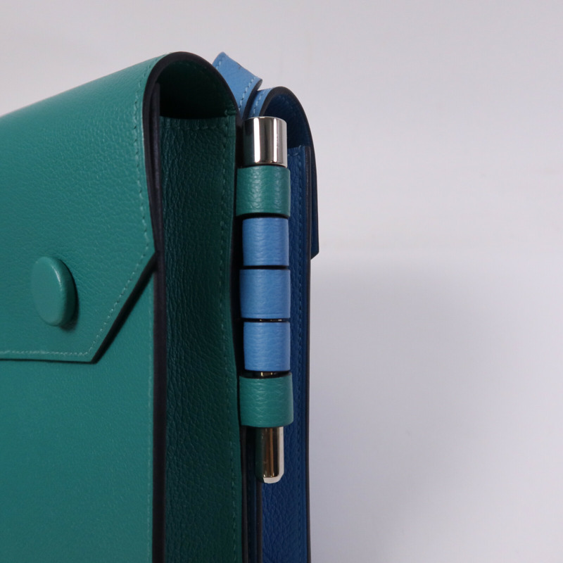 HERMES Evercolor皮革Twins銀扣肩背袋Rose Azalee/Menthe-7